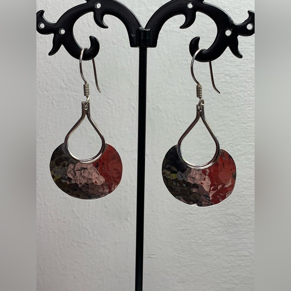 Vintage Mexico Hammered Sterling Silver Wide-Fan Shaped French Wire Earrings - Picture 2 of 12